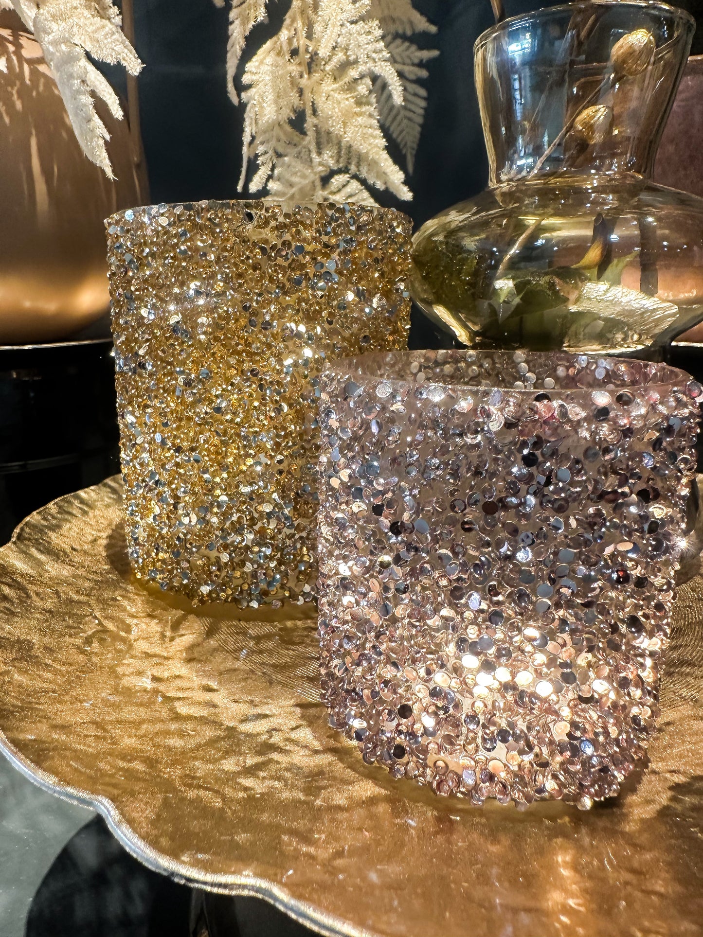 Waxinelichthouder glitter roze/groen/goud Umi